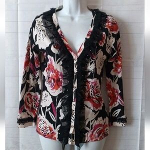 CHARLOTTE TARANTOLA Floral Tulle Trim Cardigan Sweater